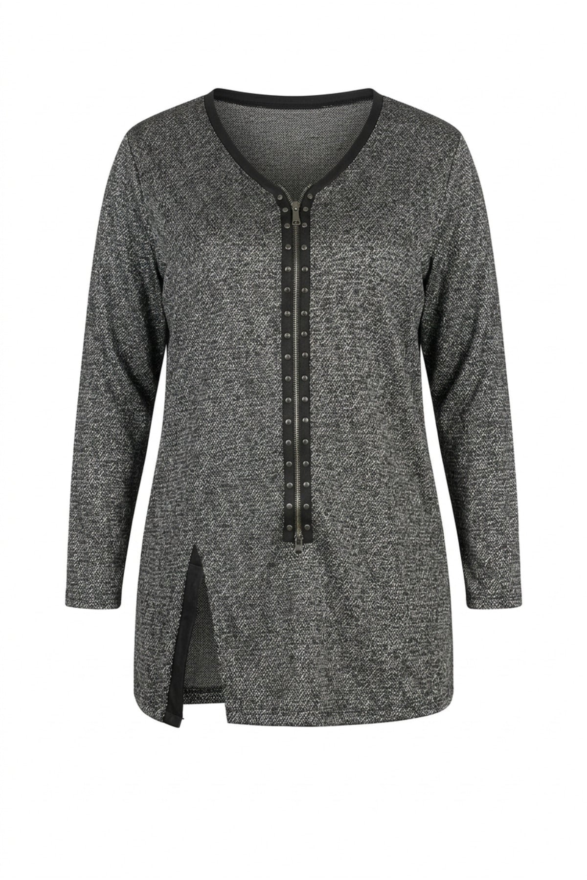 Plus Size V-Neck Front Zippered Blouse with Slit Detail