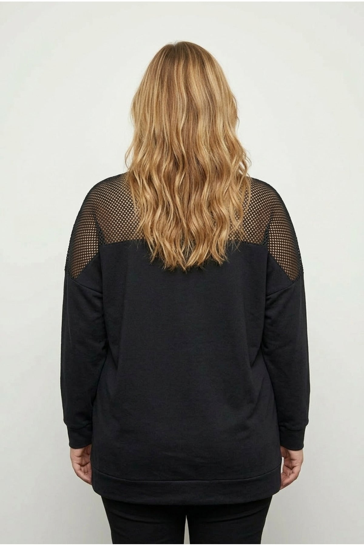 Plus Size Crew Neck Long Sleeve Mesh Detail Shoulder Sweatshirt