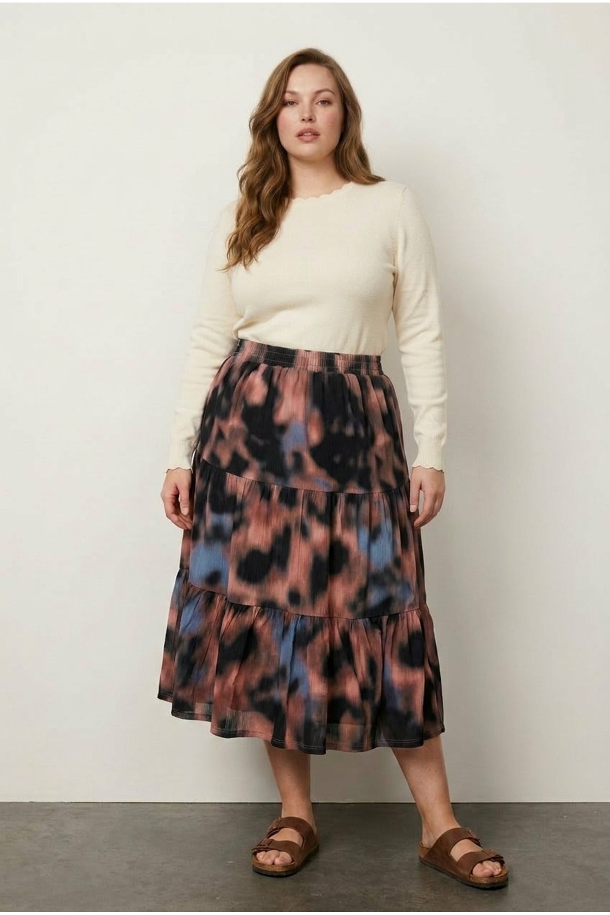 Plus Size Elasticated Waist Pleated Patterned Stretchy Skirt