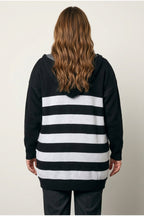 Plus Size Long Sleeve Pocketed Hooded Striped Knitted Cardigan