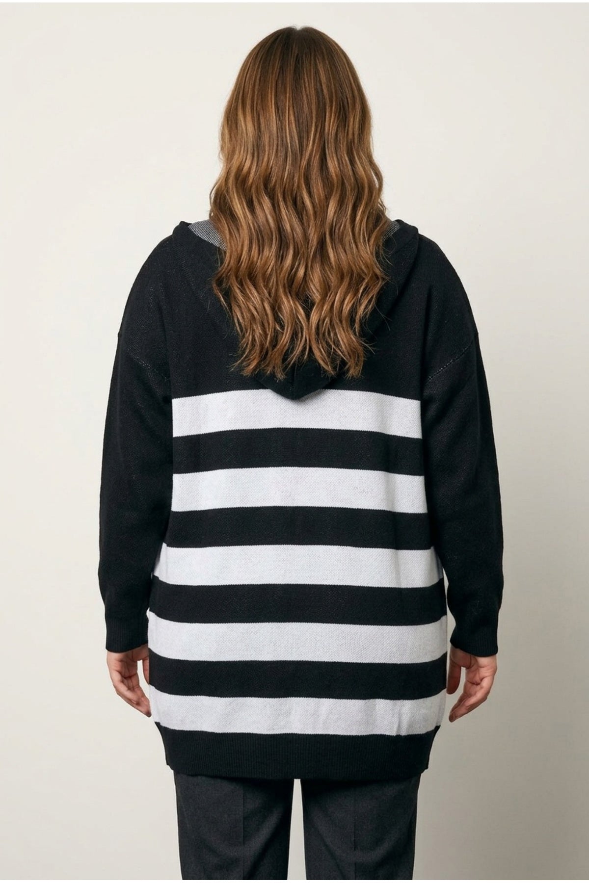 Plus Size Long Sleeve Pocketed Hooded Striped Knitted Cardigan