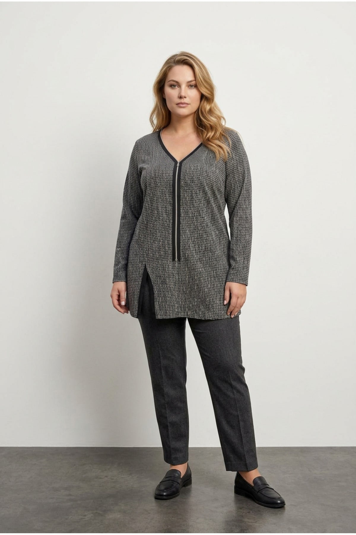 Plus Size V-Neck Front Zippered Slit Detailed Blouse