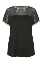 Plus Size Crew Neck Short Sleeve Blouse with Tulle Detail on Neckline