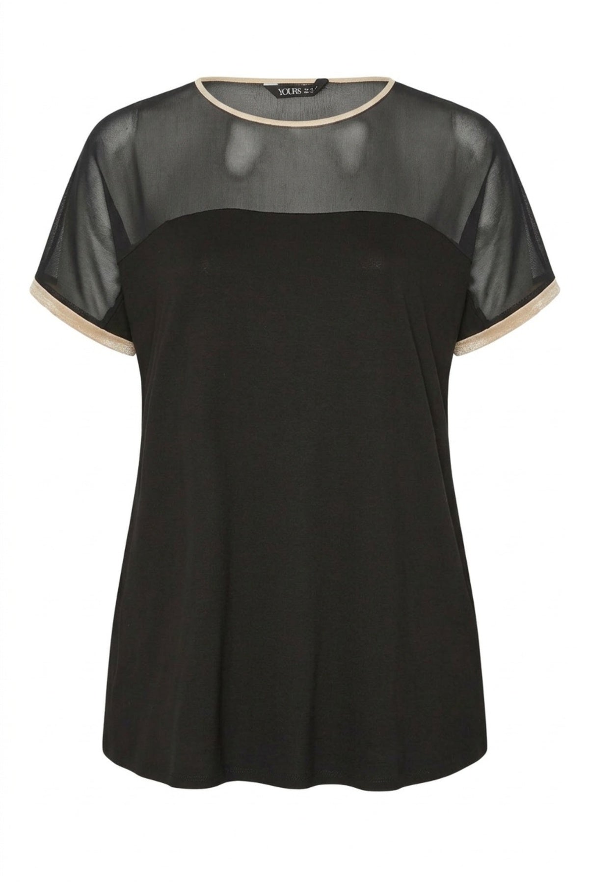 Plus Size Crew Neck Short Sleeve Blouse with Tulle Detail on Neckline