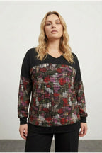 Plus Size V-Neck Long Sleeve Patterned Stretchy Blouse