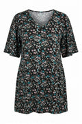 Plus Size V-Neck Sleeveless Floral Patterned Asymmetrical Cut T-shirt