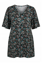 Plus Size V-Neck Sleeveless Floral Patterned Asymmetrical Cut T-shirt