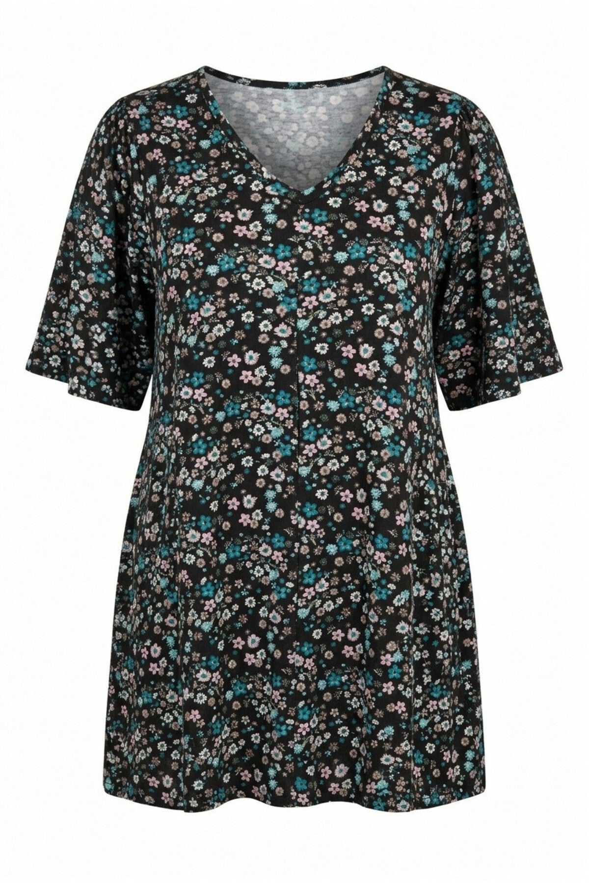 Plus Size V-Neck Sleeveless Floral Patterned Asymmetrical Cut T-shirt