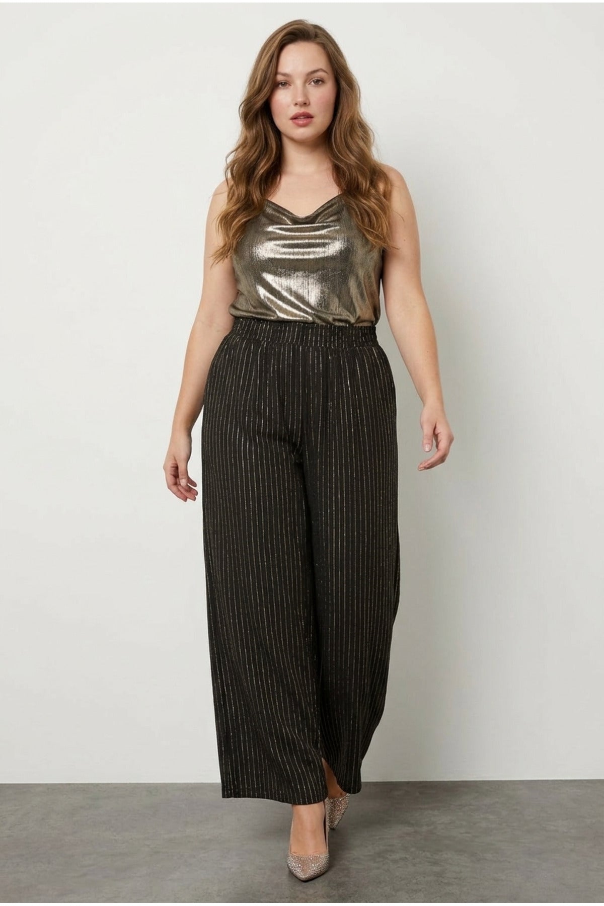Plus Size Wide Leg Shimmering Striped Stretchy Pants with Pockets