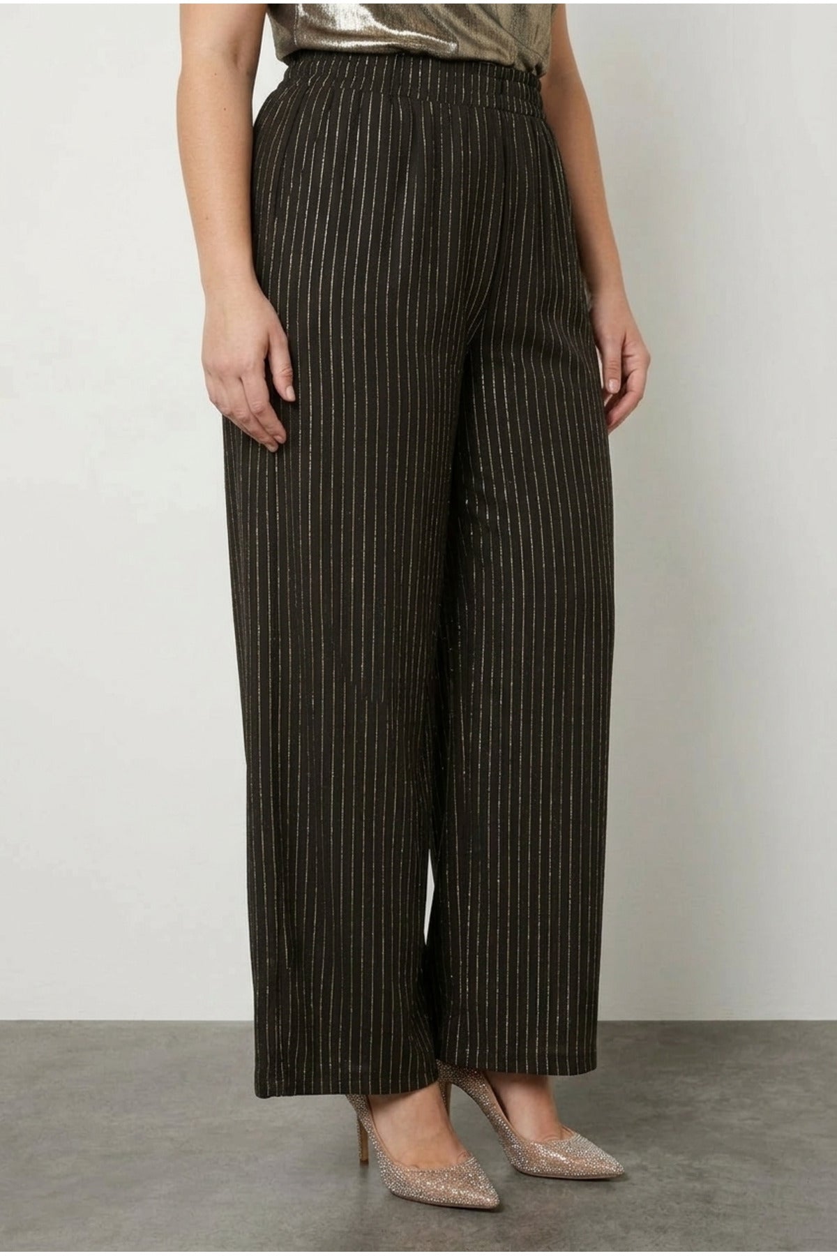 Plus Size Wide Leg Shimmering Striped Stretchy Pants with Pockets