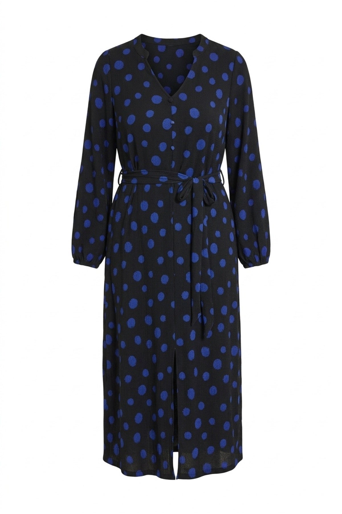 Plus Size Long Sleeve V-Neck Belted Polka Dot Maxi Dress