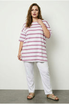 Plus Size Crew Neck Short Sleeve Side Slit Striped T-shirt