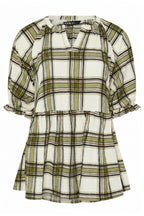 Plus Size Short Sleeve V-Neck Peplum Elasticated Waist Plaid T-shirt