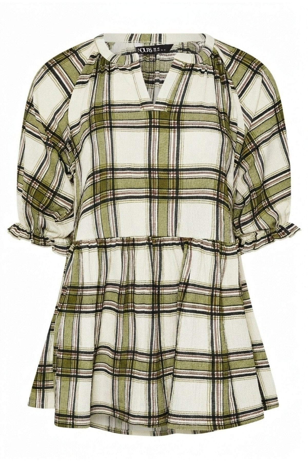 Plus Size Short Sleeve V-Neck Peplum Elasticated Waist Plaid T-shirt