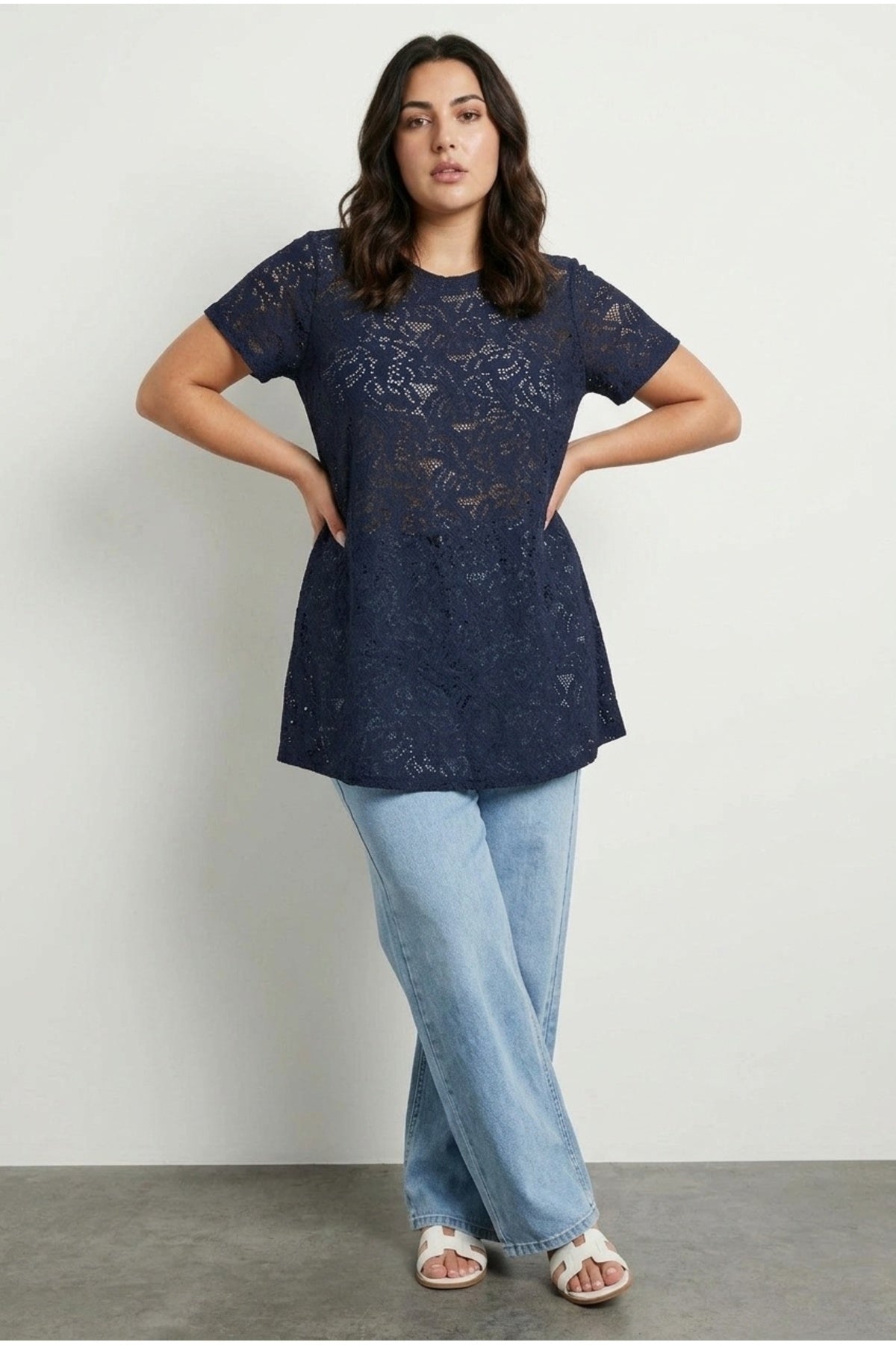 Plus Size V-Neck Short Sleeve Unlined Lace T-shirt