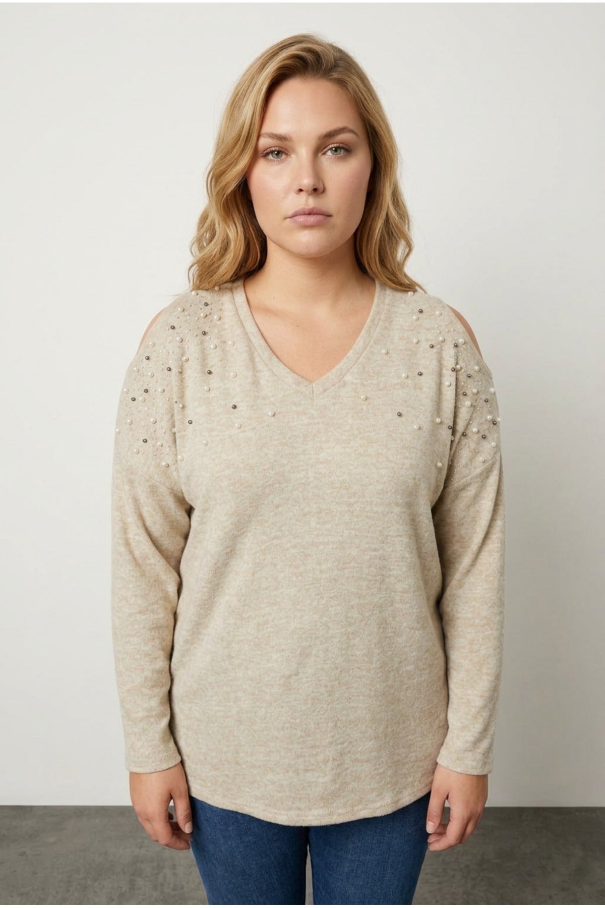 Plus Size V-Neck Beaded Embellished Sweater with Shoulder Detail