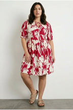 Plus Size Self-Tie Neck Floral Patterned Textured Jersey Above Knee Dress