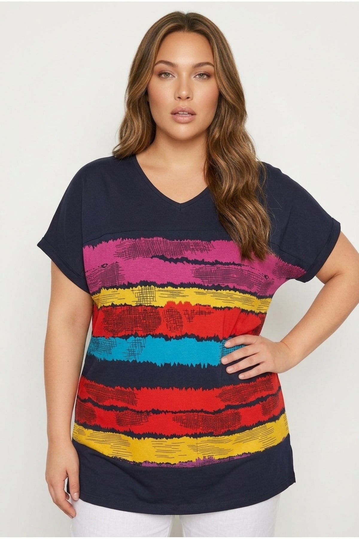 Plus Size V-Neck Short Sleeve Striped T-shirt