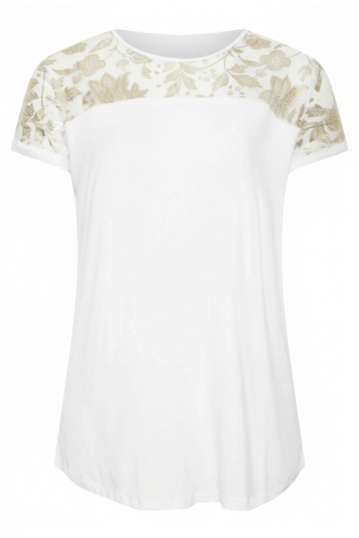Plus Size Crew Neck Short Sleeve Sheer Yoke Blouse