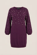 Plus Size Pearl and Stone Embroidered Soft Textured Purple Dress