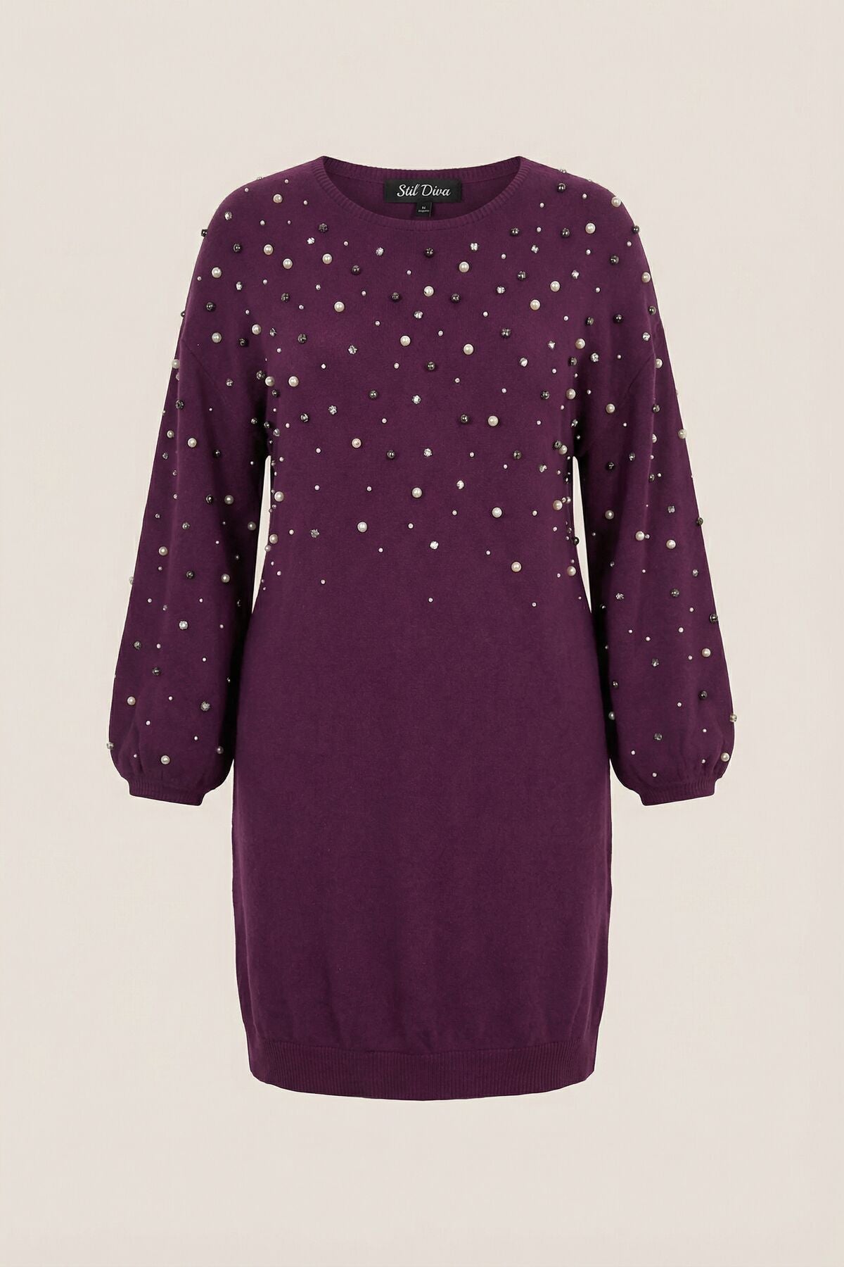Plus Size Pearl and Stone Embroidered Soft Textured Purple Dress