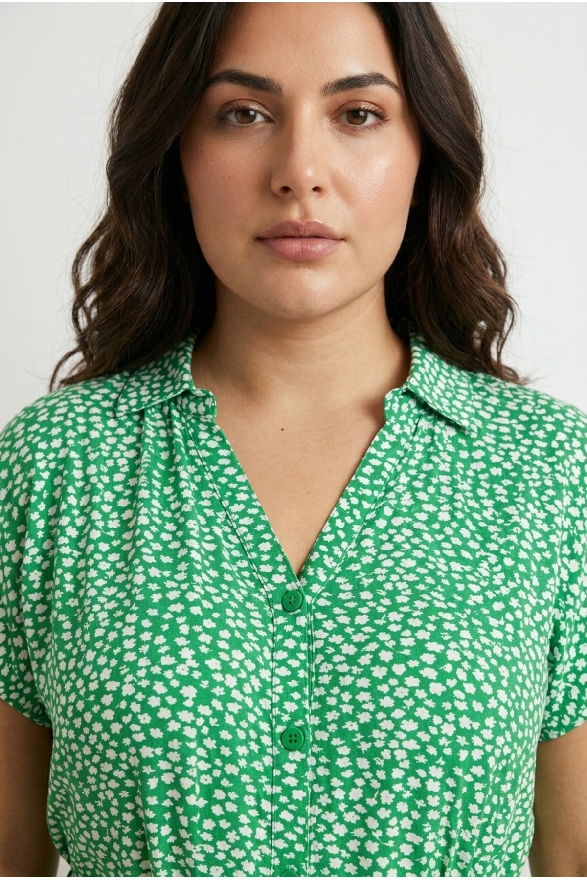 Plus Size Floral Print Midi Length Belted Buttoned Dress
