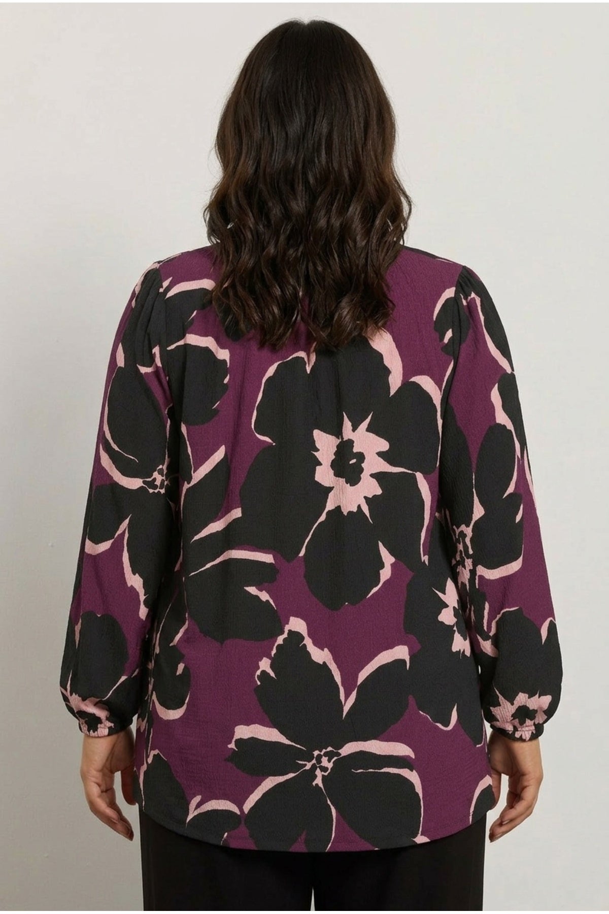 Plus Size Floral Print Long Sleeve Tie-Neck Blouse