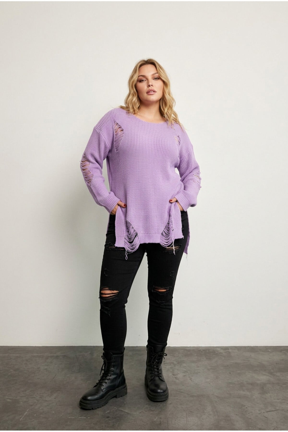 Plus Size Long Sleeve Crew Neck Ripped Detail Knit Sweater