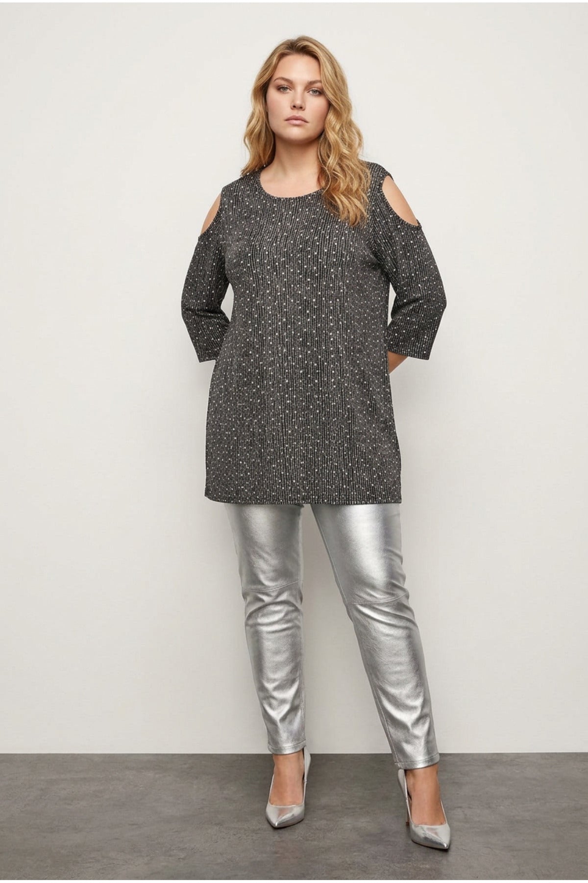 Plus Size Open Shoulder Detailed Polka Dot Half Sleeve Blouse