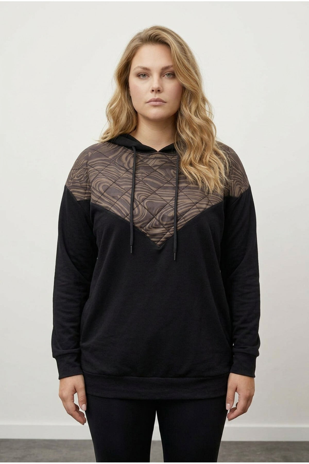 Plus Size Long Sleeve Hooded Sweatshirt with Quilted Detail