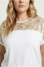 Plus Size Crew Neck Short Sleeve Sheer Yoke Blouse