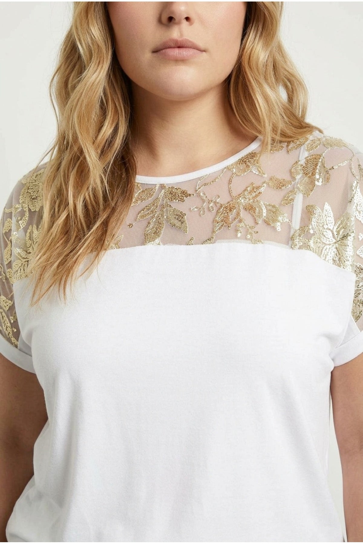 Plus Size Crew Neck Short Sleeve Sheer Yoke Blouse