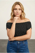Plus Size Off-Shoulder Draped Sleeve Polka Dot Patterned Blouse