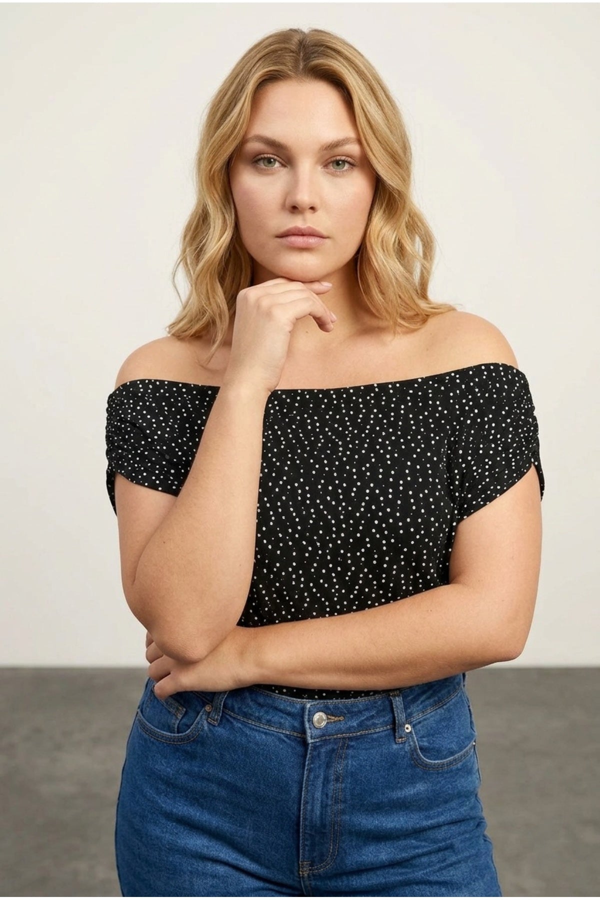 Plus Size Off-Shoulder Draped Sleeve Polka Dot Patterned Blouse