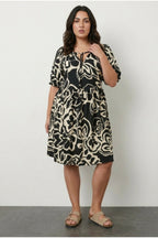 Plus Size Ruched Neck Short Sleeve Elastic Waist Midi Dress