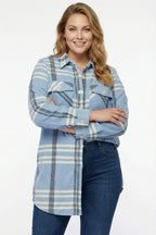 Plus Size Buttoned Pocketed Blue Flannel Shirt