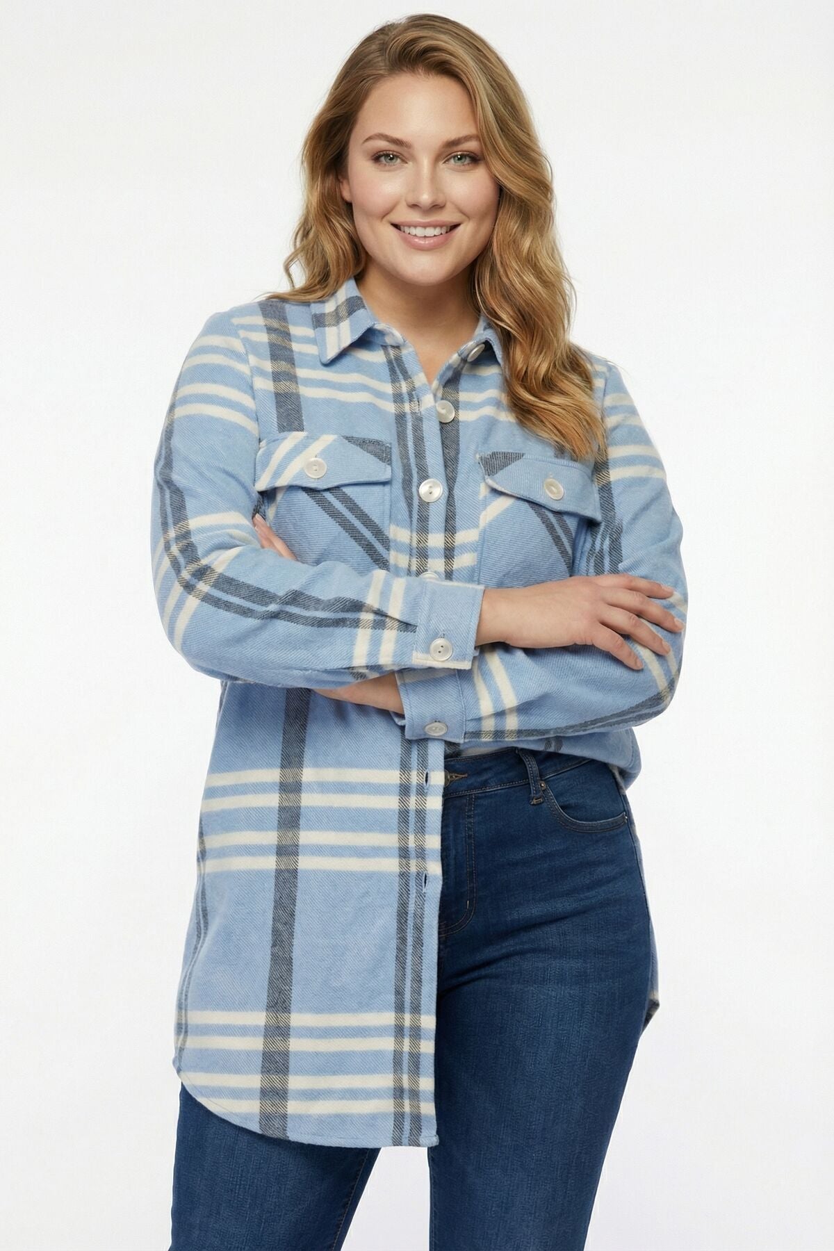 Plus Size Buttoned Pocketed Blue Flannel Shirt
