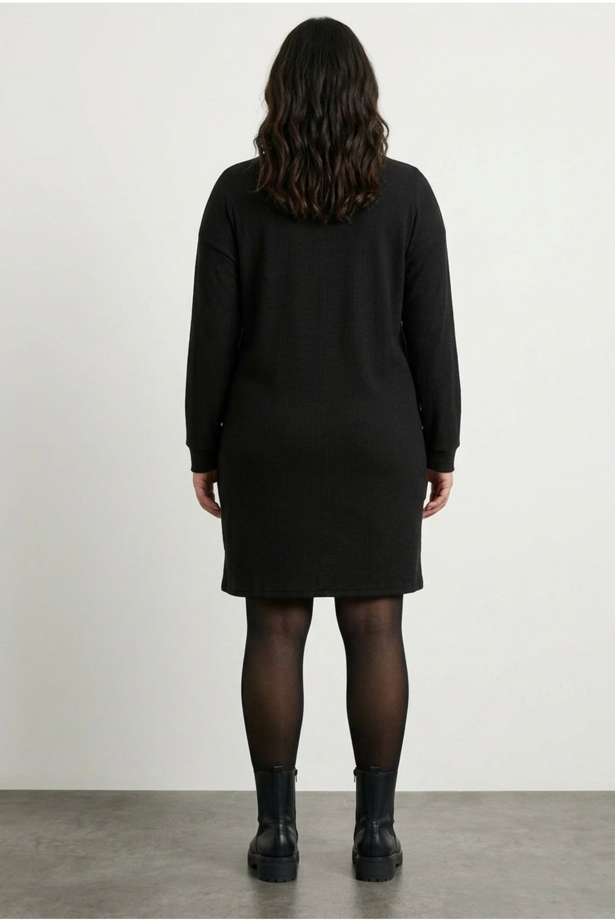 Plus Size V-Neck Long Sleeve Ribbed Fabric Midi Dress