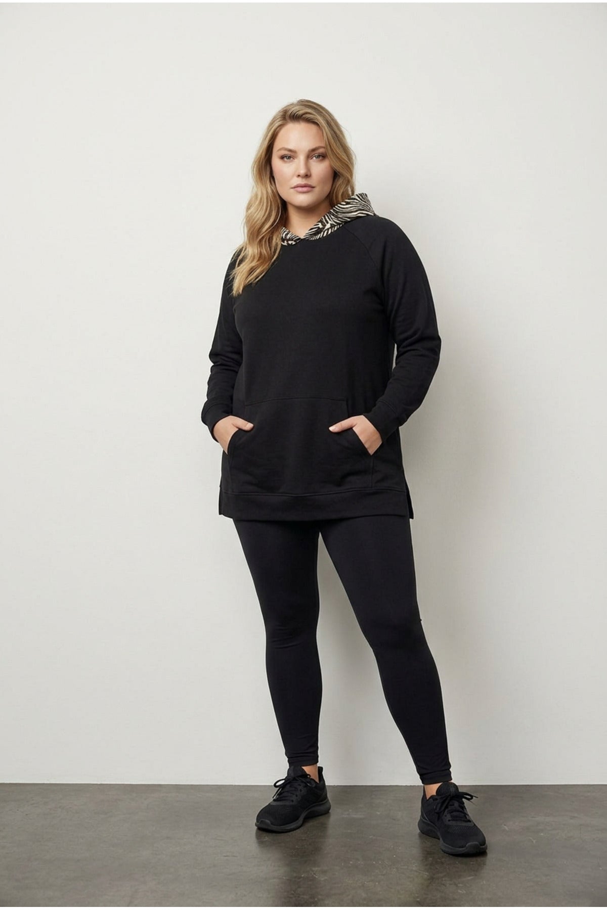 Plus Size Long Sleeve Pocketed Side Slit Patterned Hooded Sweatshirt