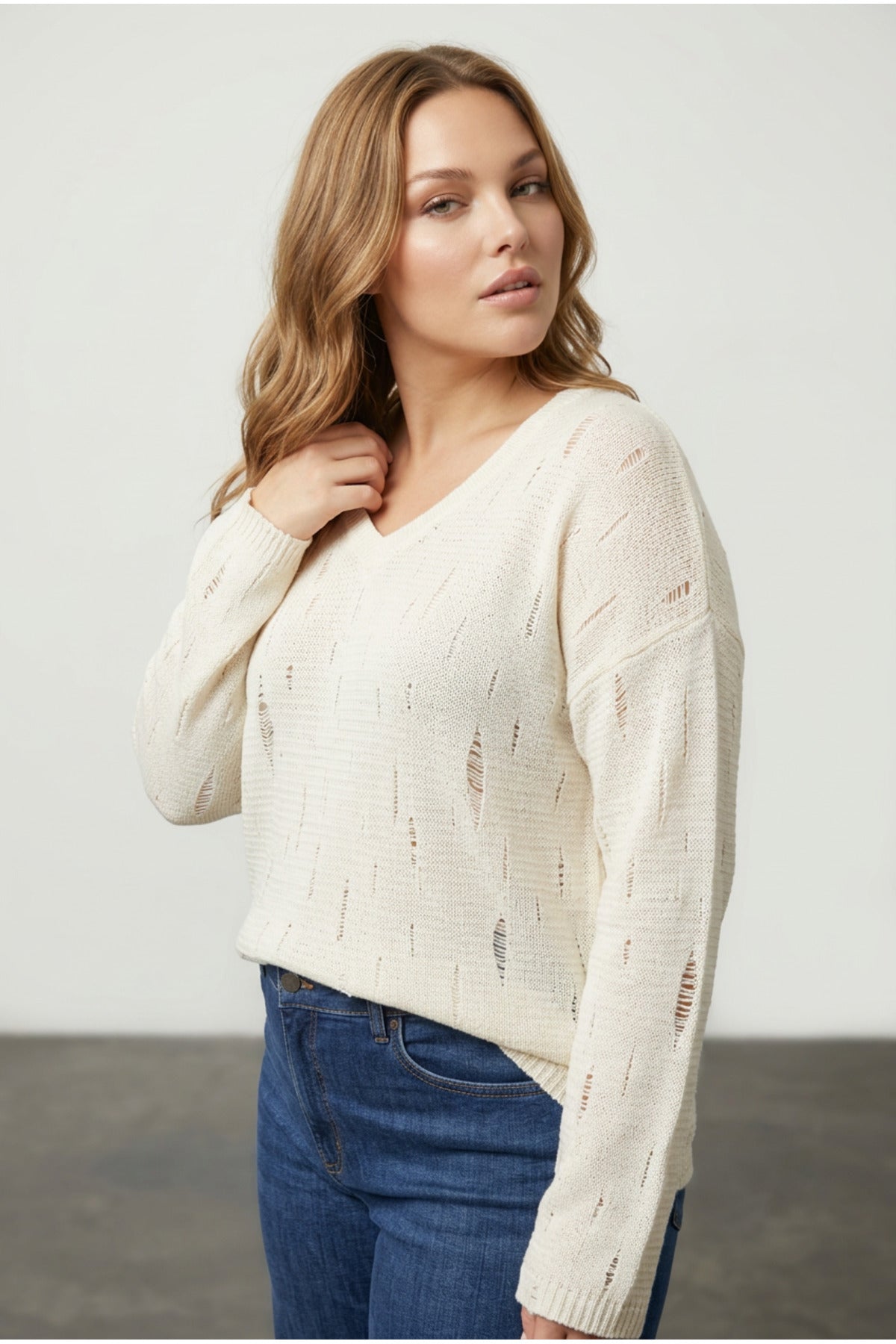 Plus Size Ecru Knit Sweater with Distressed Details