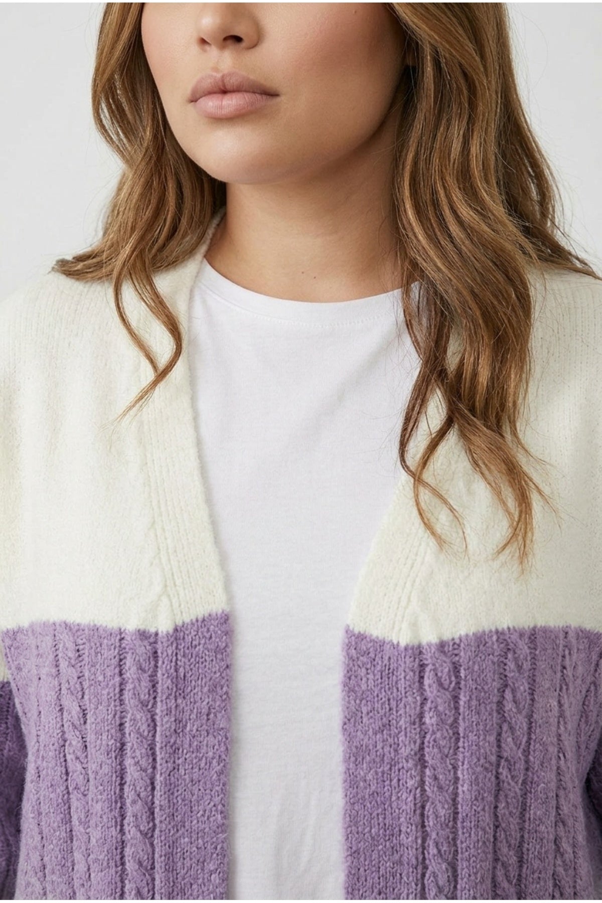 Plus Size Long Sleeve Open Front Color Block Knit Cardigan