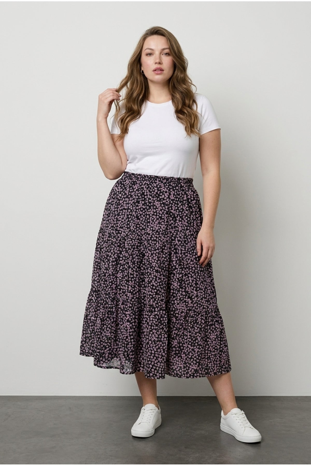 Plus Size Elastic Waist Pleated Minimal Floral Print Stretchy Fabric Skirt