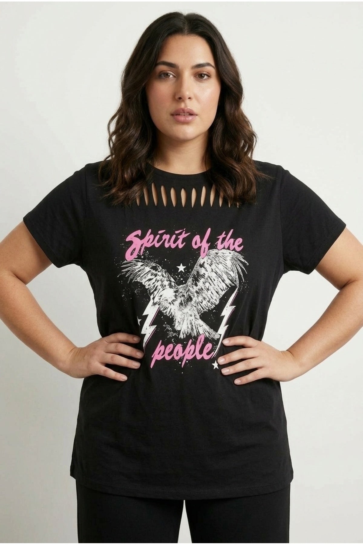 Plus Size Crew Neck Cut-Out Detailed Printed Short Sleeve T-shirt