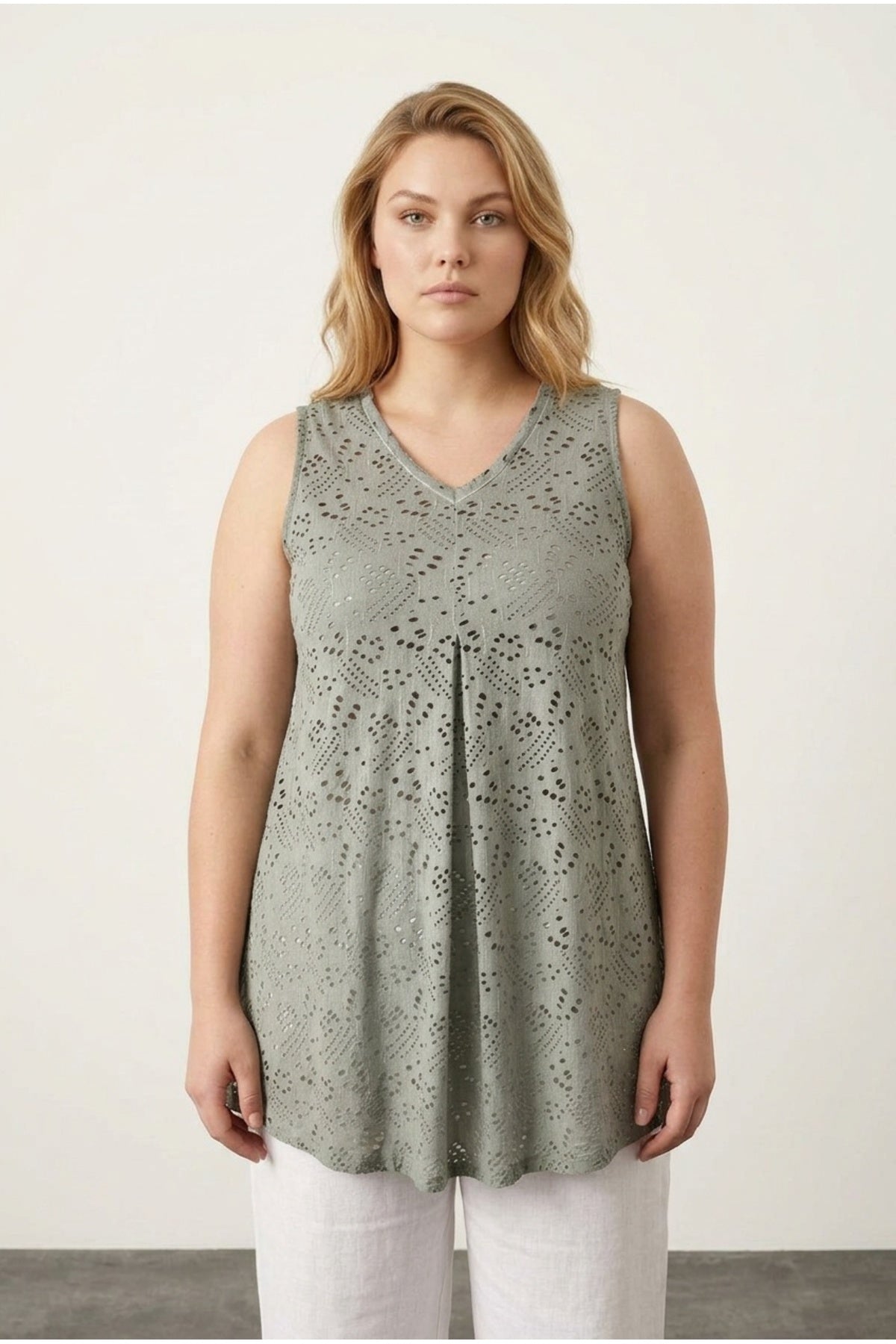 Plus Size V-Neck Sleeveless Lace Detailed Unlined Blouse