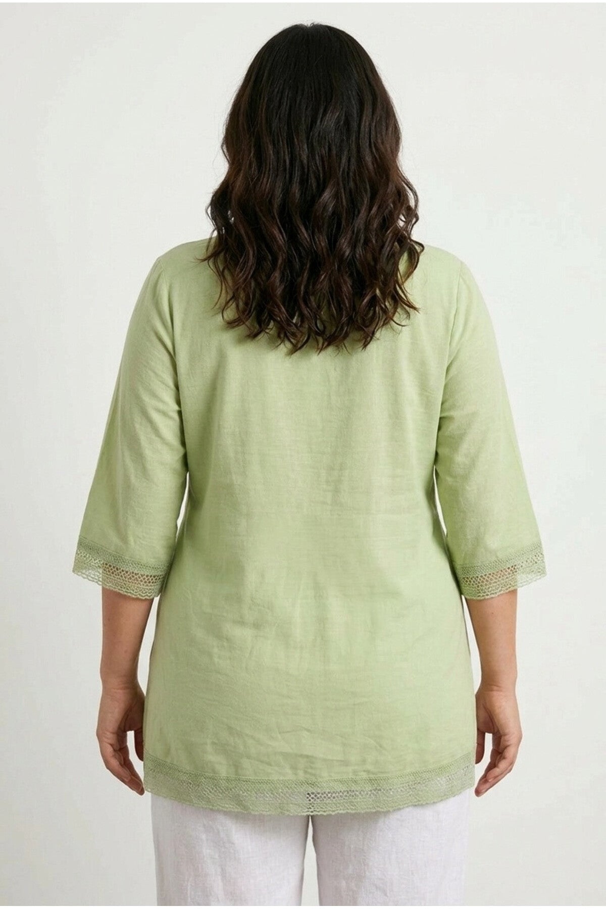 Plus Size Tie-Neck Puff Sleeve Lace Long T-shirt