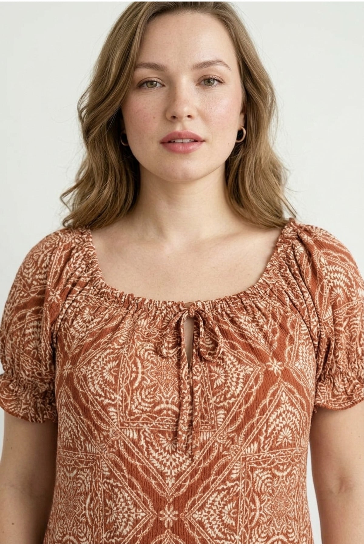 Plus Size Square Neck Long Dress with Ruffled Sleeves, Tie Detail, and Stretchy Fabric