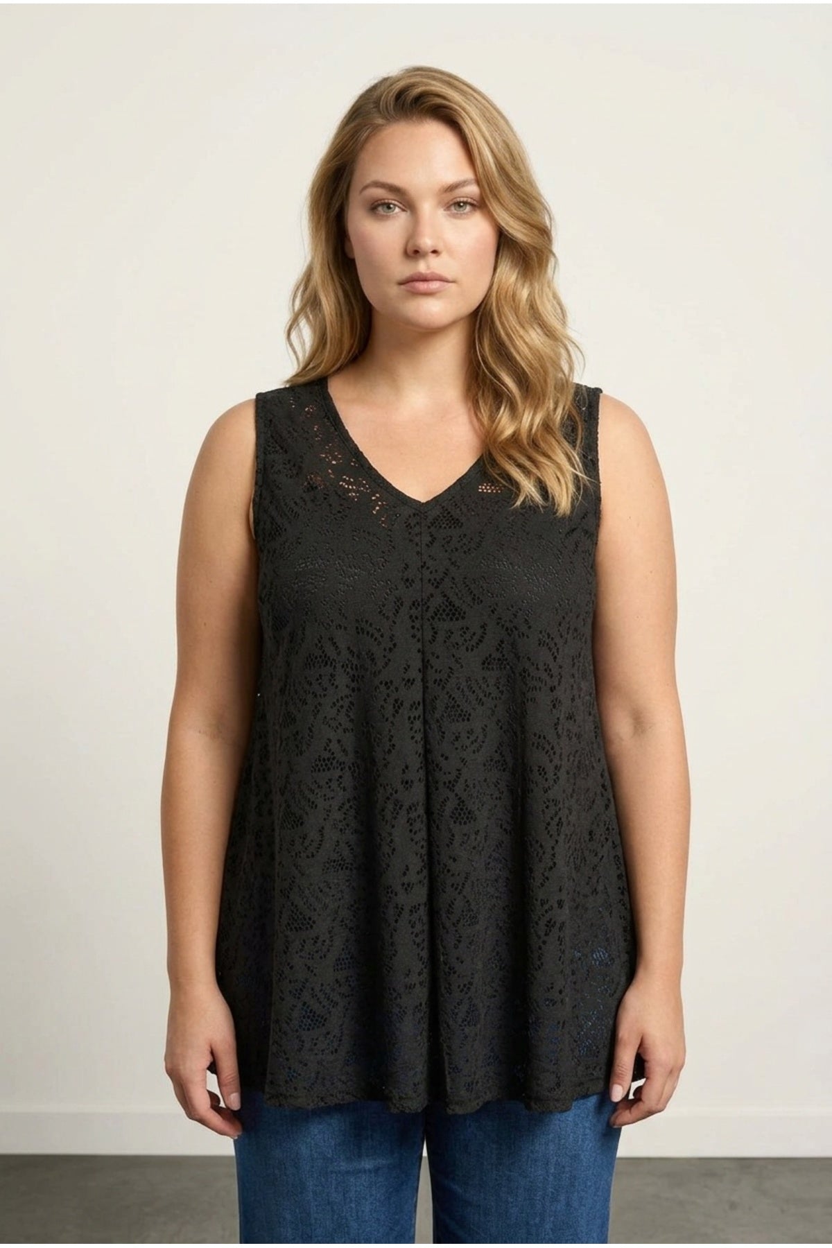 Plus Size V-Neck Sleeveless Unlined Lace Blouse