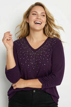 Plus Size Stone Embellished Shirred Sleeve Purple Plush Blouse