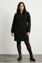 Plus Size V-Neck Long Sleeve Ribbed Fabric Midi Dress