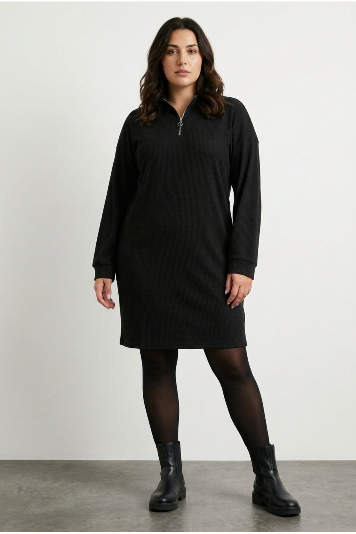 Plus Size V-Neck Long Sleeve Ribbed Fabric Midi Dress